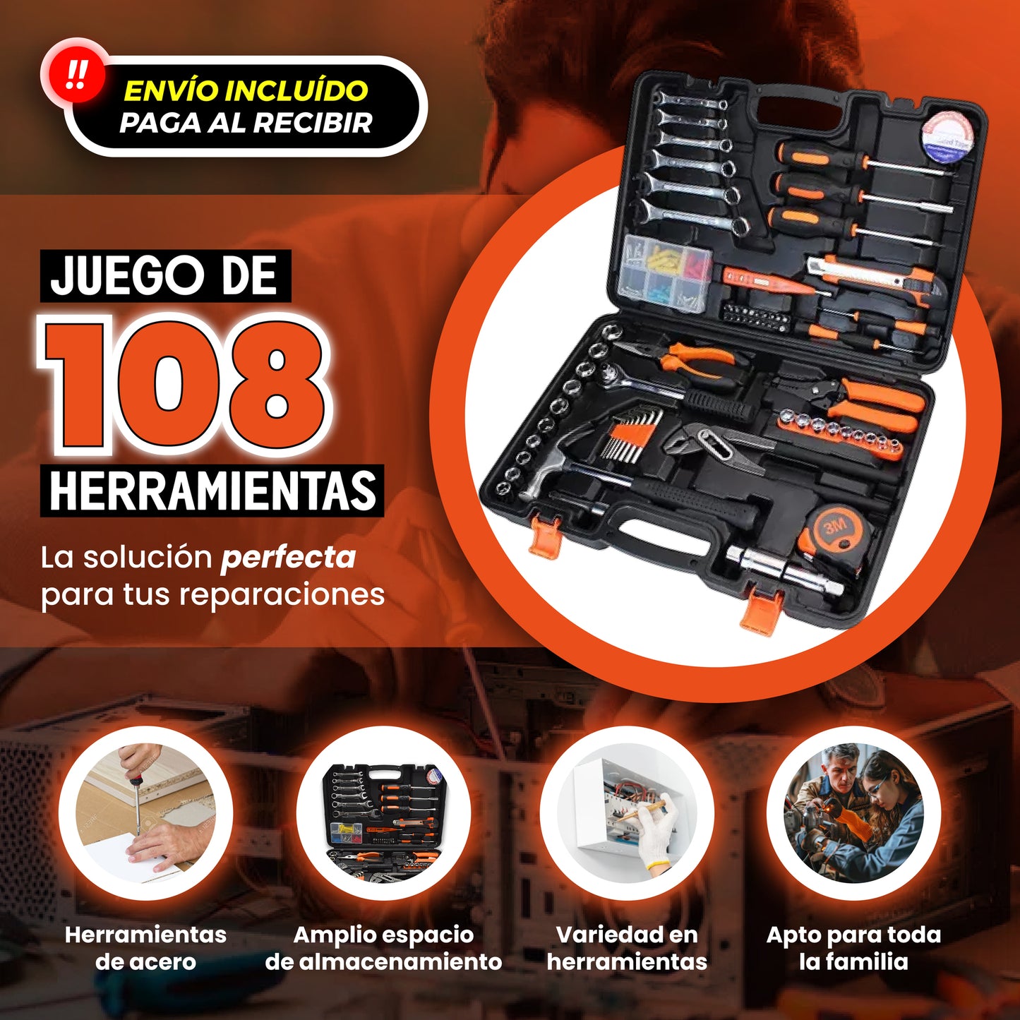 JUEGO DE 108 HERRAMIENTAS PROFESIONAL